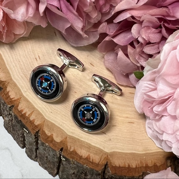 Unique Round Black and Blue Navigation Compass Silver Cufflinks - Picture 9 of 17